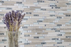 Piastrella di mosaico traslucida acciaio inox bianco legno composito mosaico di vetro Pietra di cristallo acciaio legno bianco MOS86-0108_f