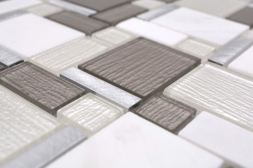 Piastrelle di mosaico alluminio tipo beige chiaro combinazione vetro pietra alluminio bianco e beige MOS49-FK01_f