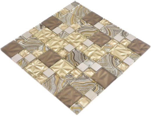 Mosaico di vetro combinazione acciaio mix beige marrone mosaico piastrelle parete backsplash cucina bagno MOS88-1207_f