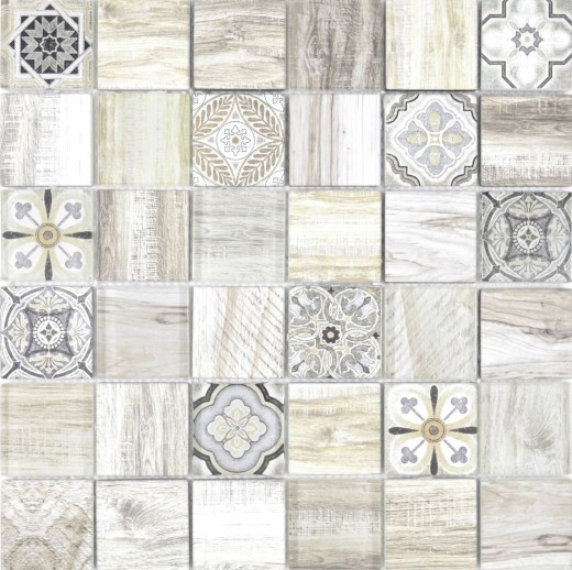 Mosaico di vetro mix crema marrone piastrelle mosaico muro backsplash cucina effetto legno bagno MOS160-w100_f