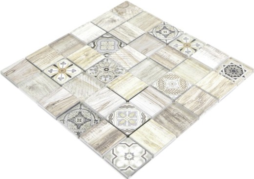 Mosaico di vetro mix crema marrone piastrelle mosaico muro backsplash cucina effetto legno bagno MOS160-w100_f