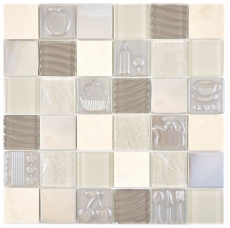 Mano modello quadrato cristallo / pietra / acciaio mix rilievo beige mosaico piastrelle parete backsplash cucina bagno MOS88-1224_m