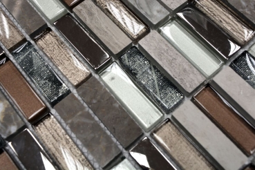 Tessere rettangolari di mosaico di vetro aste marrone chiaro grigio argento pietra naturale marmo backsplash parete cucina - MOS87-SM68_f | 10 tappetini di mosaico