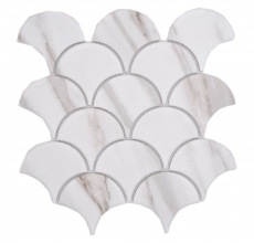 Ventaglio in mosaico di ceramica dipinto a mano Calacatta a squame di pesce bianco grigio-marrone opaco MOS13-FS112_m