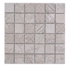 Mosaico ceramico dipinto a mano in gres porcellanato grigio chiaro fantasia beige MOS14-B1_m