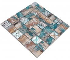 Mosaico in vetro dipinto a mano Medio Vintage Patchwork beige pertrol effetto legno MOS160-W800_m