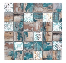 Mosaico in vetro dipinto a mano Medio Vintage Patchwork beige pertrol effetto legno MOS160-W800_m