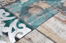 Mosaico in vetro dipinto a mano Piastrella Vintage Patchwork beige pertrol effetto legno MOS160-W850_m
