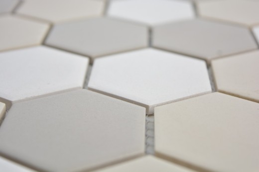 Piastrella di mosaico dipinta a mano in ceramica esagonale bianca beige chiaro grigio chiaro non smaltata MOS11B-1122-R10_m