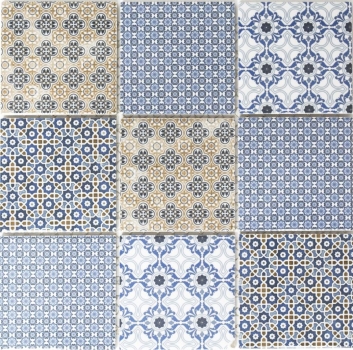 Rivestimento di piastrelle a mosaico vintage retrò per la cucina Rivestimento di piastrelle bianco blu arancione grigio Rivestimento di piastrelle patchwork - MOS22B-1404