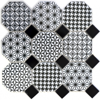 Mosaico dipinto a mano in ceramica ottagonale MISTO bianco lucido nero mosaico parete cucina MOSOcta-0301_m