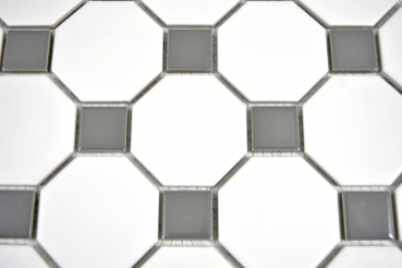Mosaico dipinto a mano in ceramica metallo grigio ottagono bianco opaco metallo lucido MOS13-0122_m