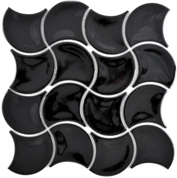 Piastrella a mosaico in ceramica ventaglio nero lucido onda piastrella da parete bagno MOS13-FSW03_f | 10 tappetini a mosaico