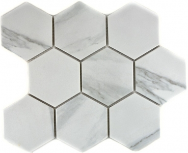 Piastrella a mosaico in ceramica bianca esagonale aspetto Carrara piastrella da parete bagno MOS11F-0102_f | 10 tappetini a mosaico