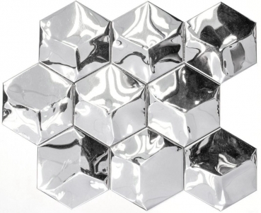 Piastrella a mosaico decorata a mano acciaio inox esagono argento 3D acciaio lucido MOS129-HXM10SG_m