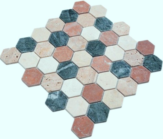 Piastrella di marmo a mosaico in pietra naturale crema beige rosso verde esagono casuale - MOS42-1213