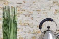 Muro di pietra a mosaico in marmo Splitface pietra naturale muro di mattoni legame soleggiato beige 3D look muro cucina bagno - MOS42-X3D46