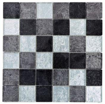Piastrella di mosaico dipinta a mano Mosaico di vetro nero traslucido Struttura in cristallo argento nero MOS126-1784_m