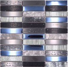 Mosaico rettangolare tessere di vetro mosaico composito acciaio inox argento grigio blu nero rivestimento cucina - MOS87-58X