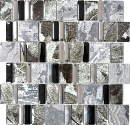 Piastrella di mosaico dipinta a mano Grigio traslucido nero Mosaico di vetro multiformato Pietra di cristallo EP grigio nero MOS88-0210_m
