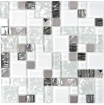Piastrella di mosaico traslucida acciaio inox bianco combinazione di vetro MOS88-01699_f | 10 tappetini di mosaico
