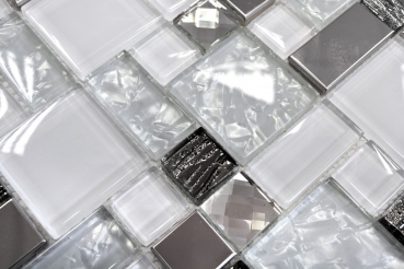Piastrella di mosaico traslucida acciaio inox bianco combinazione di vetro MOS88-01699_f | 10 tappetini di mosaico