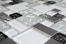 Piastrella di mosaico traslucida acciaio inox bianco combinazione di vetro MOS88-01699_f | 10 tappetini di mosaico