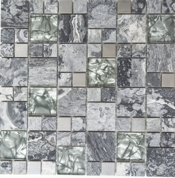 Piastrella di mosaico dipinta a mano Backsplash di piastrelle Acciaio inox traslucido grigio Combinazione di mosaico di vetro Pietra di cristallo Grigio acciaio MOS88-0204_m