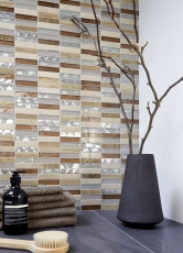 Striscia di mosaico piastrelle di vetro mosaico in acciaio inox pietra naturale beige crema marrone piastrelle backsplash bagno parete WC - MOS87-52X