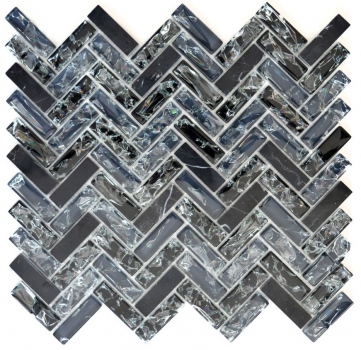 Piastrella di mosaico dipinta a mano Mosaico di vetro traslucido nero a spina di pesce Pietra di cristallo nera MOS87HB-0328_m