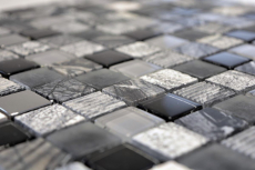 Piastrella di mosaico dipinta a mano Backsplash di piastrelle Traslucido grigio nero Mosaico di vetro Pietra di cristallo EP grigio nero argento MOS83-HQ24_m