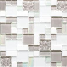 Piastrella di mosaico dipinta a mano Backsplash di piastrelle Traslucido bianco grigio Combinazione di mosaico di vetro Pietra di cristallo bianco grigio bianco opaco MOS88-MC659_m