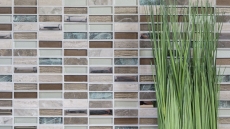 Piastrelle rettangolari di mosaico di vetro aste marrone chiaro grigio argento pietra naturale marmo piastrelle backsplash parete della cucina - MOS87-SM68