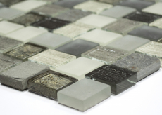 Piastrella di mosaico decorata a mano Rivestimento traslucido bianco grigio ruggine Rettangolo Mosaico di vetro Pietra di cristallo rustica MOS82-0102_m