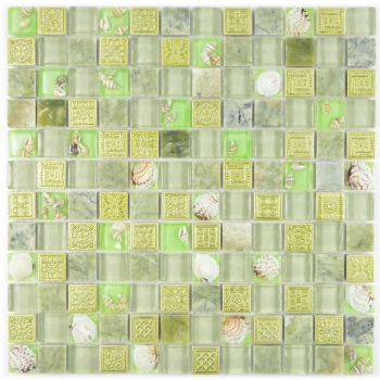 Pietra naturale rustico marmo mosaico tessere di vetro mosaico resina conchiglia verde pastello verde chiaro beige bagno piastrelle cucina parete WC - MOS82C-0502