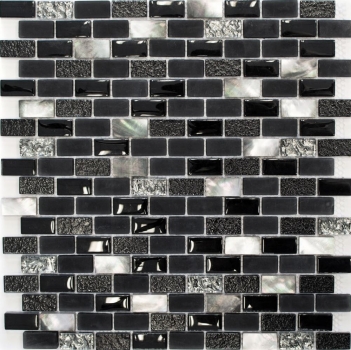 Piastrella di mosaico decorata a mano Backsplash di piastrelle Nero traslucido Brick Mosaico di vetro Pietra di cristallo Conchiglia nera MOS87-B03S_m