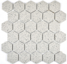 Piastrella di mosaico dipinta a mano in ceramica bianco crema esagono screziato non smaltato MOS11G-0103-R10_m