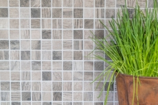 Mosaico di vetro Rivestimento sostenibile Riciclaggio texture legno grigio beige Schienale di piastrelle MOS63-324