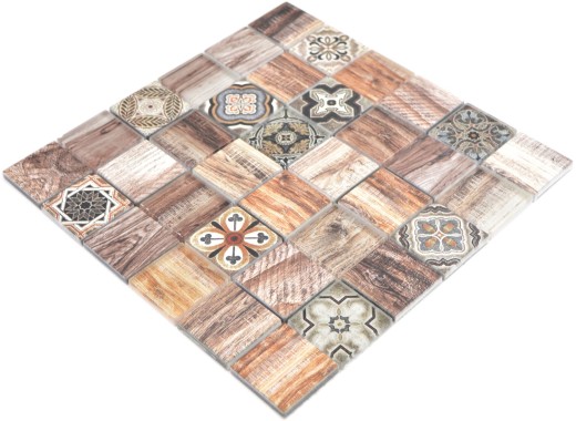 Piastrella a mosaico patchwork marrone beige marrone effetto legno per cucina MOS160-w200