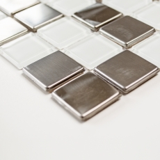 Piastrella di mosaico dipinta a mano Acciaio inox traslucido Mosaico di vetro Acciaio cristallo bianco chiaro MOS129-0104_m