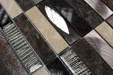 Piastrella di mosaico dipinta a mano Composito traslucido Alluminio beige marrone argento nero Rettangolo Mosaico di vetro Cristallo Pietra artificiale Alu EP beige marrone MOS87-48X_m