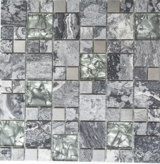 Piastrella di mosaico dipinta a mano Backsplash di piastrelle Acciaio inox traslucido grigio Combinazione di mosaico di vetro Pietra di cristallo Grigio acciaio MOS88-0204_m