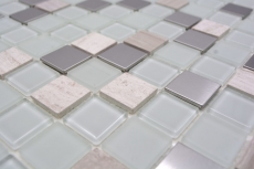 Mosaico a mano Piastrella autoadesiva Pietra traslucida Acciaio inox bianco Mosaico di vetro Pietra di cristallo Acciaio bianco Vetro MOS200-4CM32_m
