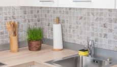 Piastrella a mosaico effetto pietra naturale grigio beige struttura backsplash MOS16-HWA4LG_f | 10 tappetini a mosaico