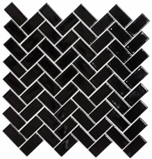 Piastrella a mosaico in ceramica a spina di pesce nera lucida MOS24-CHB6BG_f