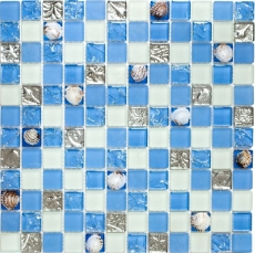 Piastrella di mosaico Blu traslucido Mosaico di vetro Cristallo conchiglia blu MOS82B-0104_f | 10 tappetini di mosaico