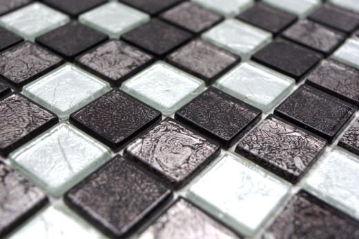 Pannello posteriore a mosaico in vetro nero mosaico argento nero struttura MOS126-1703_f