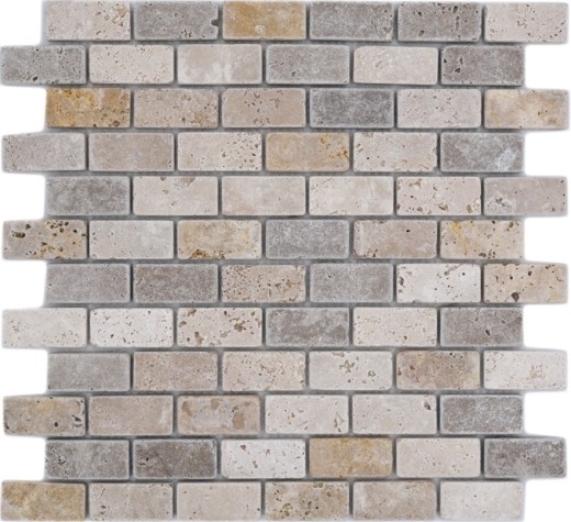 Piastrella a mosaico Travertino pietra naturale beige marrone Mattone Travertino burattato MOS43-46474_f