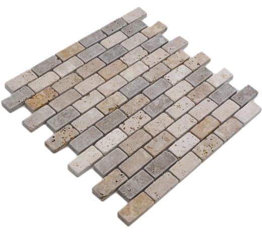 Piastrella a mosaico Travertino pietra naturale beige marrone Mattone Travertino burattato MOS43-46474_f