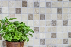 Piastrella a mosaico backsplash Travertino pietra naturale beige marrone Chiaro + Noche Travertino MOS43-1216_f